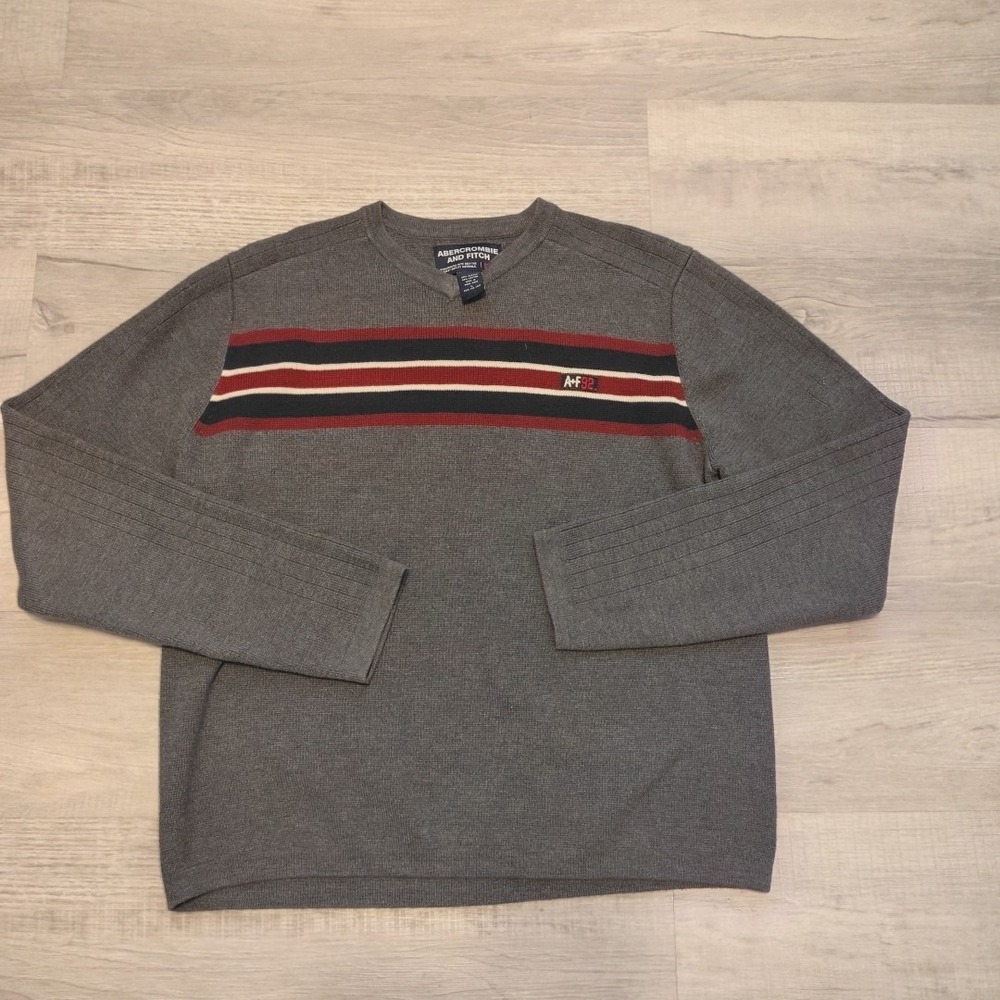 vtg abercrombie fitch Knit Large Shirt Cotton Gray Striped Sweater y2k 2000s
